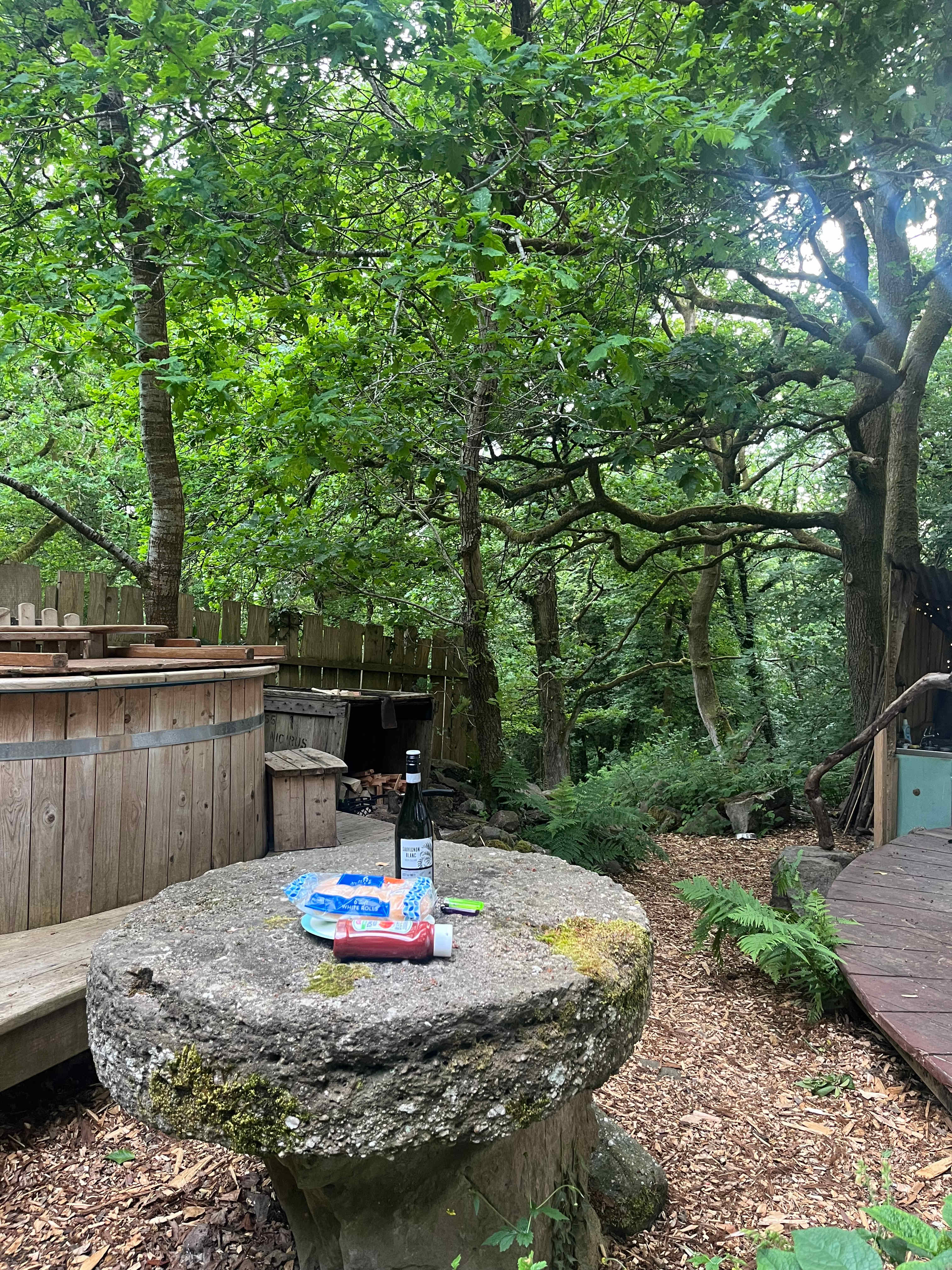 Hot tub, enough space and a stone table! 